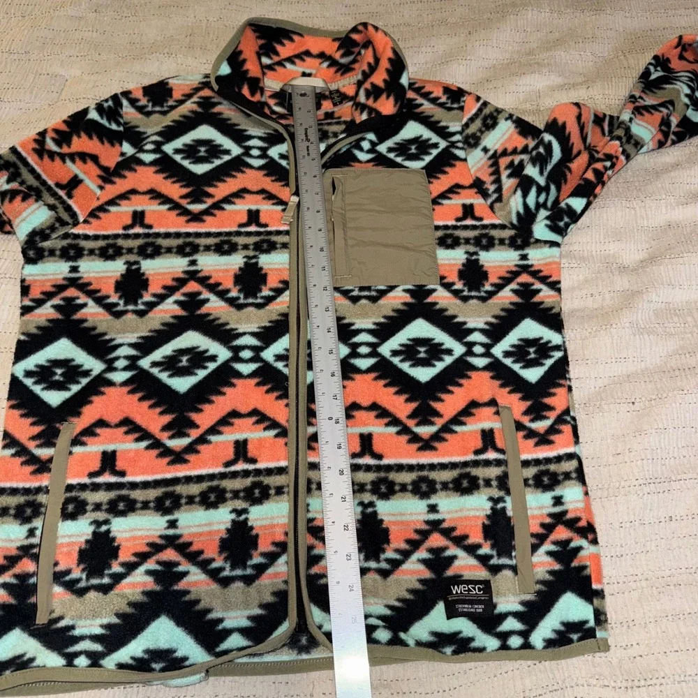 WeSC Mens Large Southwestern Aztec Fleece Full Zip Jacket Teal Orange Geometric